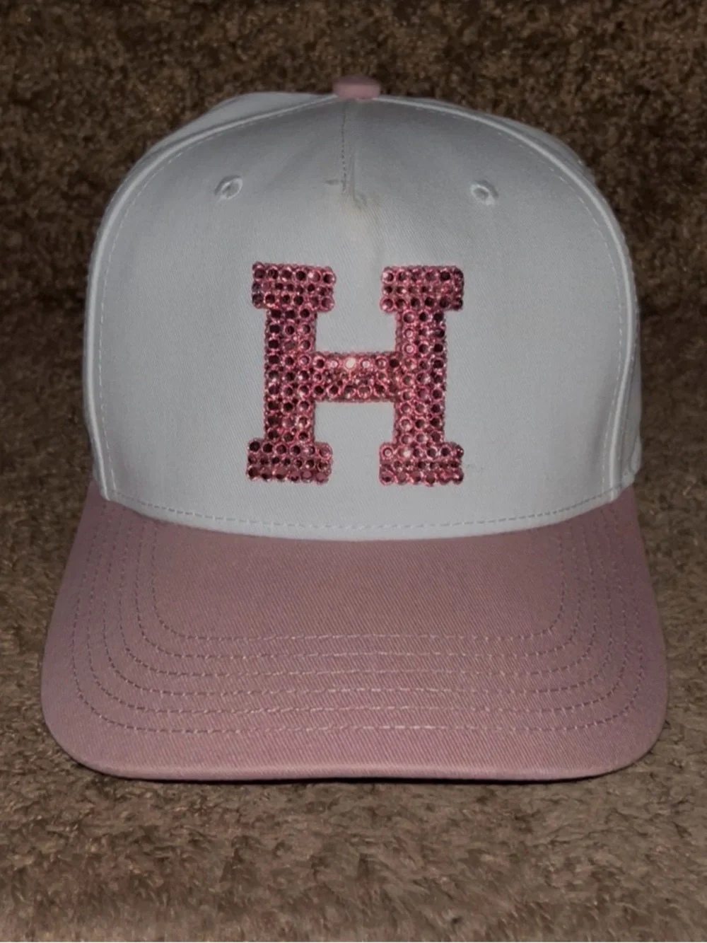White & Pink Baseball Cap with Rhinestone Houston “H”